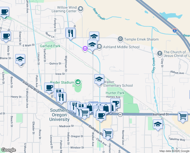 map of restaurants, bars, coffee shops, grocery stores, and more near 200 Walker Avenue in Ashland