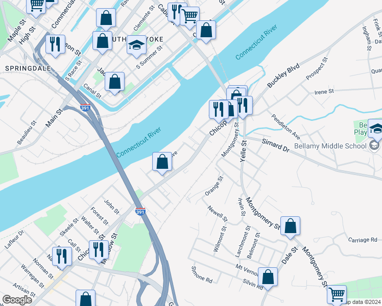 map of restaurants, bars, coffee shops, grocery stores, and more near 938 Chicopee Street in Chicopee