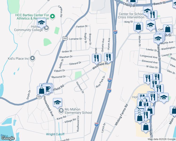 map of restaurants, bars, coffee shops, grocery stores, and more near 307 Westfield Road in Holyoke