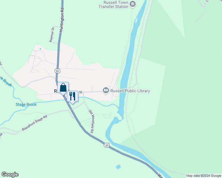 map of restaurants, bars, coffee shops, grocery stores, and more near 15 River Street in Russell