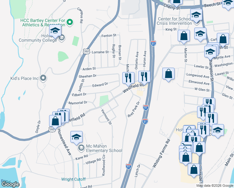 map of restaurants, bars, coffee shops, grocery stores, and more near 307 Westfield Road in Holyoke
