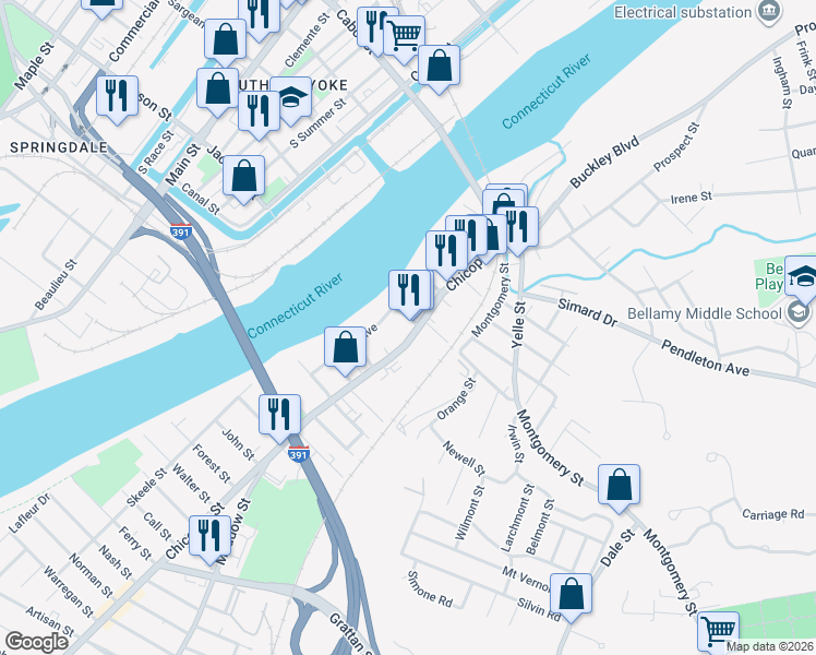 map of restaurants, bars, coffee shops, grocery stores, and more near 926 Chicopee Street in Chicopee