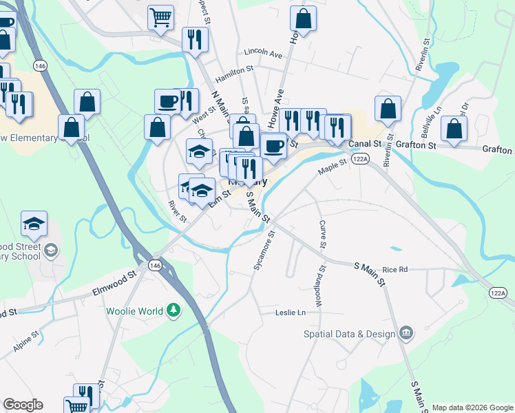 map of restaurants, bars, coffee shops, grocery stores, and more near 19 South Main Street in Millbury