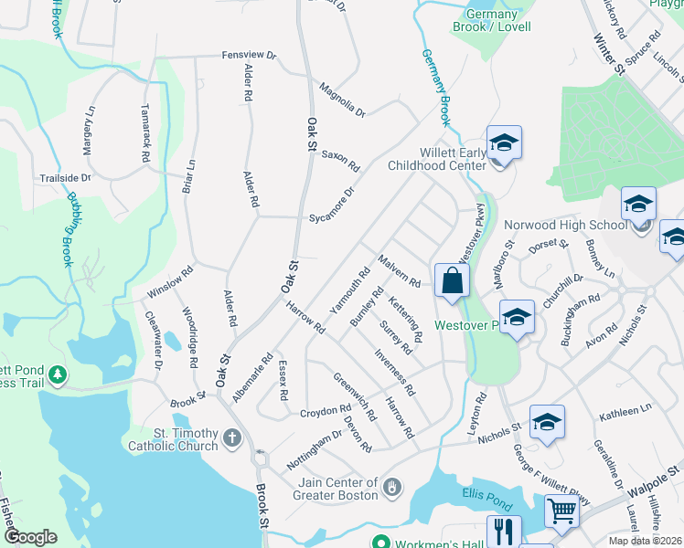 map of restaurants, bars, coffee shops, grocery stores, and more near 118 Albemarle Road in Norwood