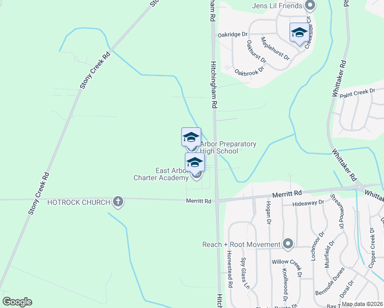 map of restaurants, bars, coffee shops, grocery stores, and more near 6800 Hitchingham Road in Ypsilanti