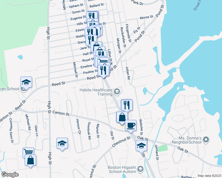 map of restaurants, bars, coffee shops, grocery stores, and more near 1001 North Main Street in Randolph
