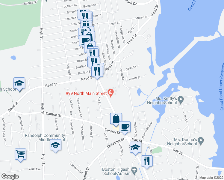 map of restaurants, bars, coffee shops, grocery stores, and more near 37 Amelian Road in Randolph