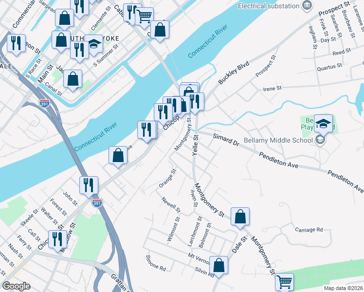 map of restaurants, bars, coffee shops, grocery stores, and more near 1258 Montgomery Street in Chicopee