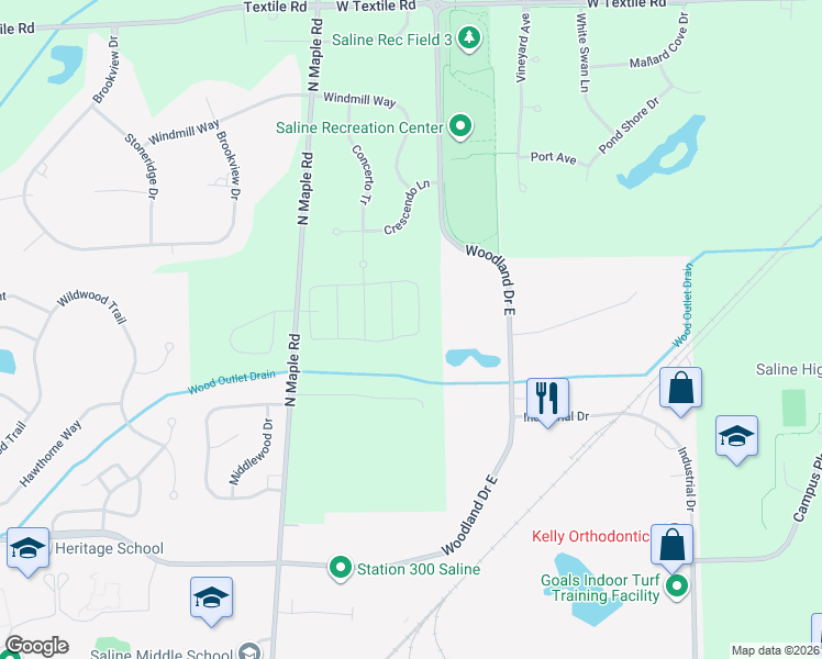 map of restaurants, bars, coffee shops, grocery stores, and more near 6675 North Maple Road in Saline