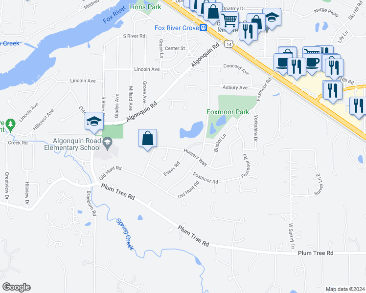 map of restaurants, bars, coffee shops, grocery stores, and more near 601 Hunters Way in Fox River Grove