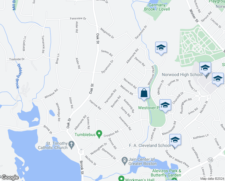map of restaurants, bars, coffee shops, grocery stores, and more near 64 Yarmouth Road in Norwood