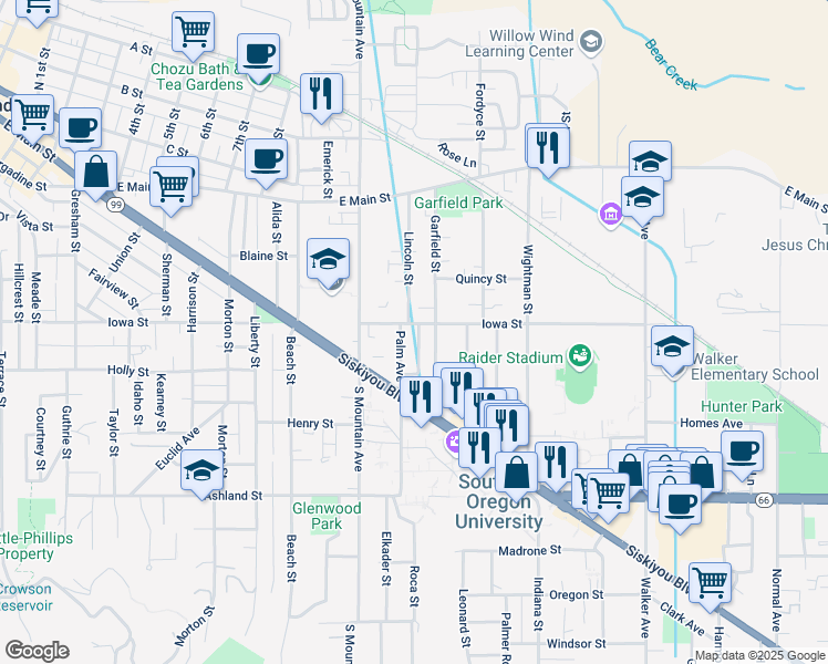 map of restaurants, bars, coffee shops, grocery stores, and more near 1208 Iowa Street in Ashland