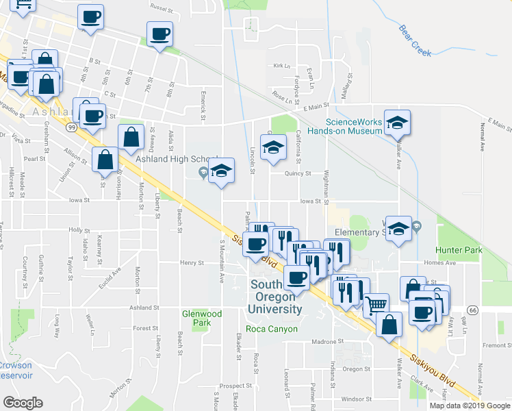 map of restaurants, bars, coffee shops, grocery stores, and more near 1212 Iowa Street in Ashland