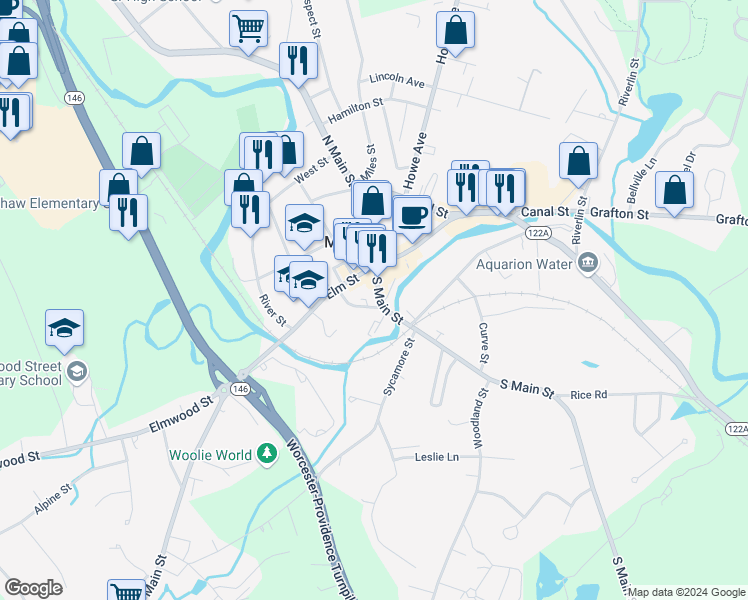 map of restaurants, bars, coffee shops, grocery stores, and more near 15 South Main Street in Millbury