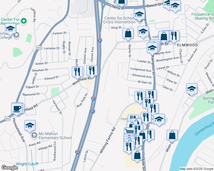 map of restaurants, bars, coffee shops, grocery stores, and more near 85 Eastern Promenade in Holyoke