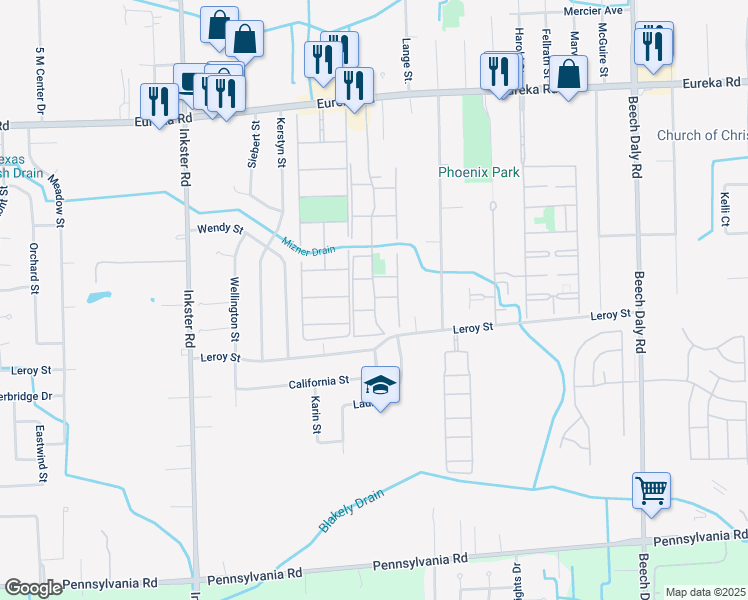 map of restaurants, bars, coffee shops, grocery stores, and more near 15101 Park Village Boulevard in Taylor