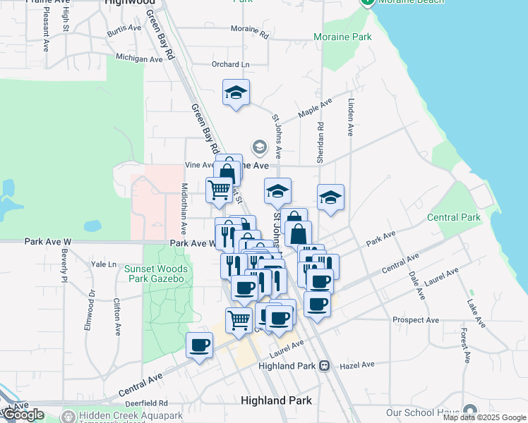 map of restaurants, bars, coffee shops, grocery stores, and more near 2098 Saint Johns Avenue in Highland Park