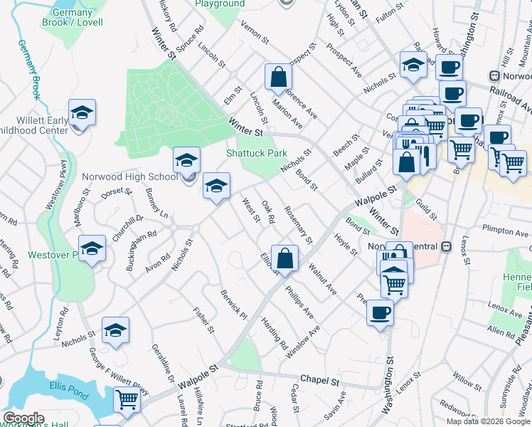 map of restaurants, bars, coffee shops, grocery stores, and more near 42 Oak Road in Norwood