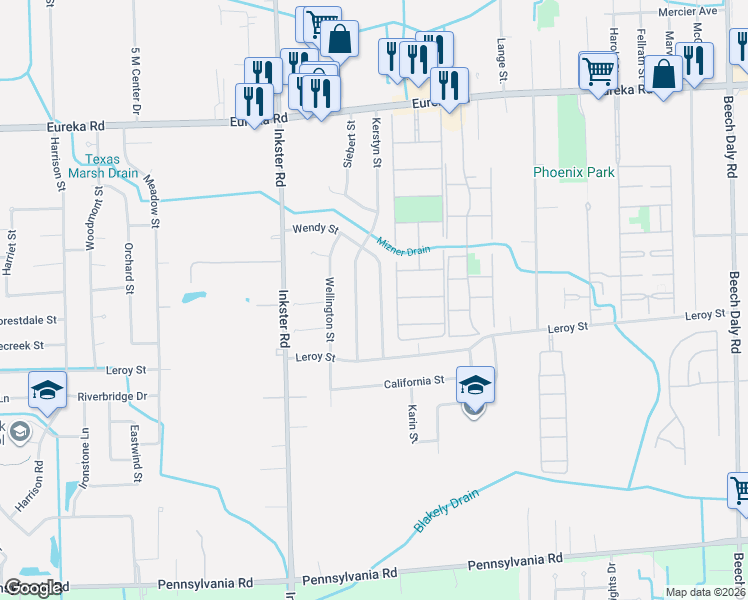 map of restaurants, bars, coffee shops, grocery stores, and more near 15720 Wendy Street in Taylor