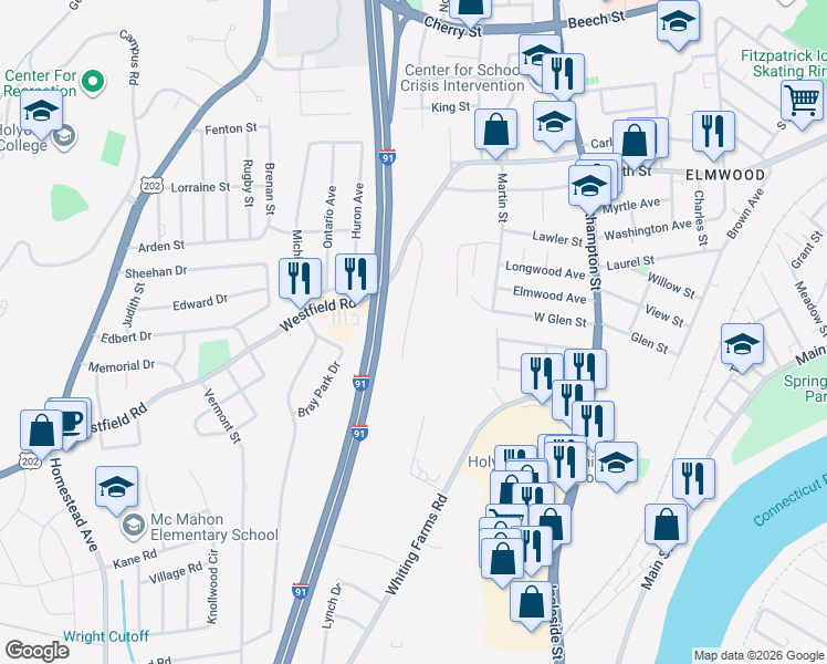 map of restaurants, bars, coffee shops, grocery stores, and more near 85 Eastern Promenade in Holyoke