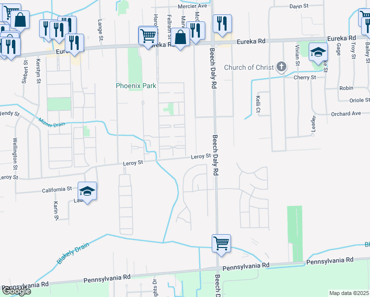 map of restaurants, bars, coffee shops, grocery stores, and more near 15850 Court Village Lane in Taylor