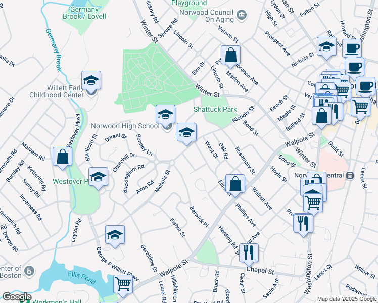 map of restaurants, bars, coffee shops, grocery stores, and more near 236 Nichols Street in Norwood