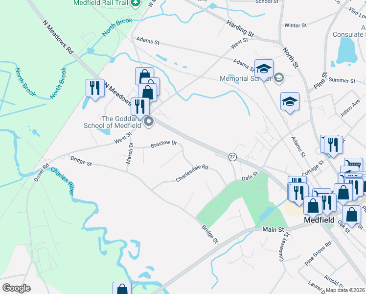 map of restaurants, bars, coffee shops, grocery stores, and more near 29 Brastow Drive in Medfield