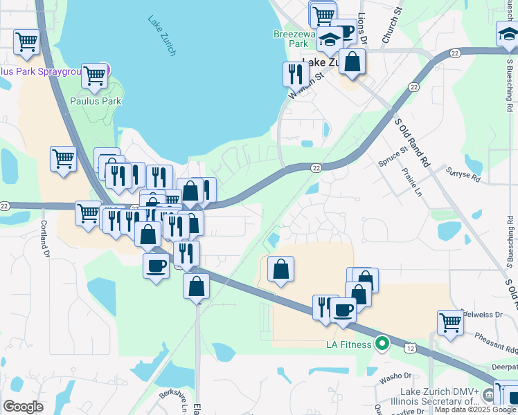 map of restaurants, bars, coffee shops, grocery stores, and more near 351 West State Route 22 in Lake Zurich