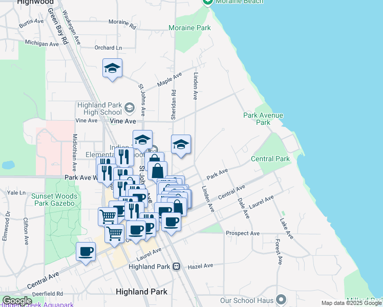 map of restaurants, bars, coffee shops, grocery stores, and more near 2100 Linden Avenue in Highland Park