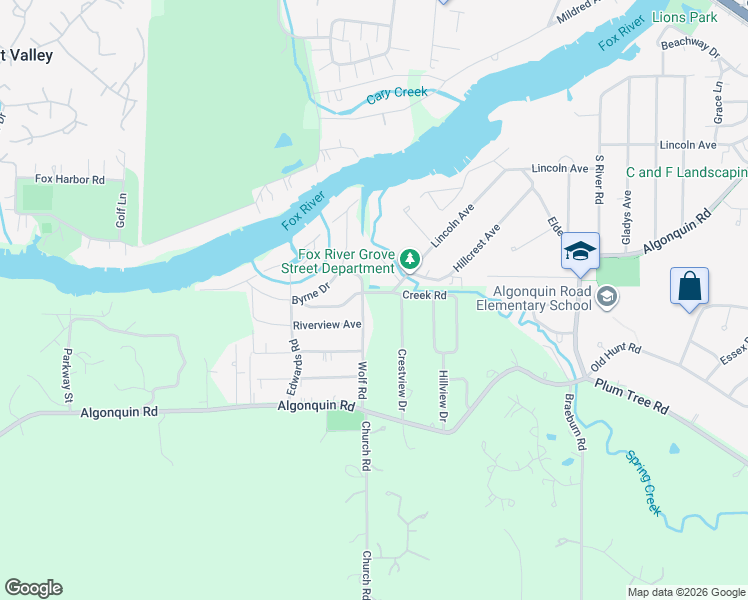 map of restaurants, bars, coffee shops, grocery stores, and more near 1303 Lincoln Avenue in Fox River Grove
