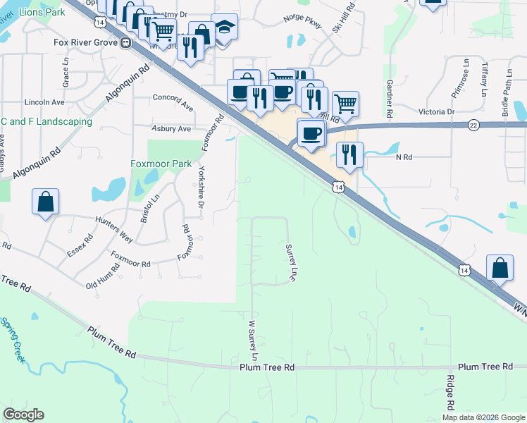 map of restaurants, bars, coffee shops, grocery stores, and more near 126 Wagon Wheel Lane in Barrington