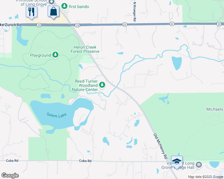 map of restaurants, bars, coffee shops, grocery stores, and more near 3320 Country Lane in Long Grove