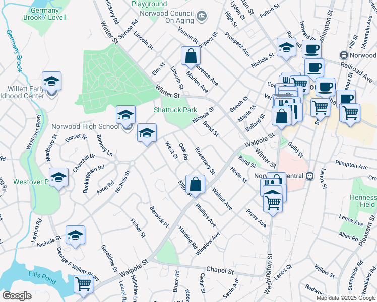 map of restaurants, bars, coffee shops, grocery stores, and more near 19 Walters Road in Norwood