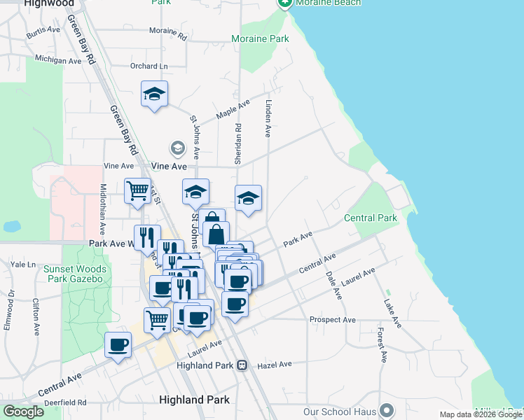 map of restaurants, bars, coffee shops, grocery stores, and more near 2100 Linden Avenue in Highland Park
