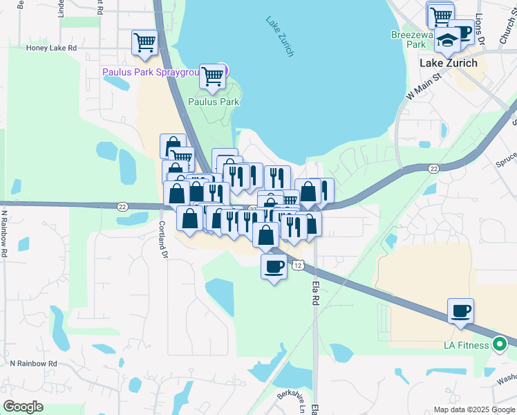 map of restaurants, bars, coffee shops, grocery stores, and more near 564 West Main Street in Lake Zurich