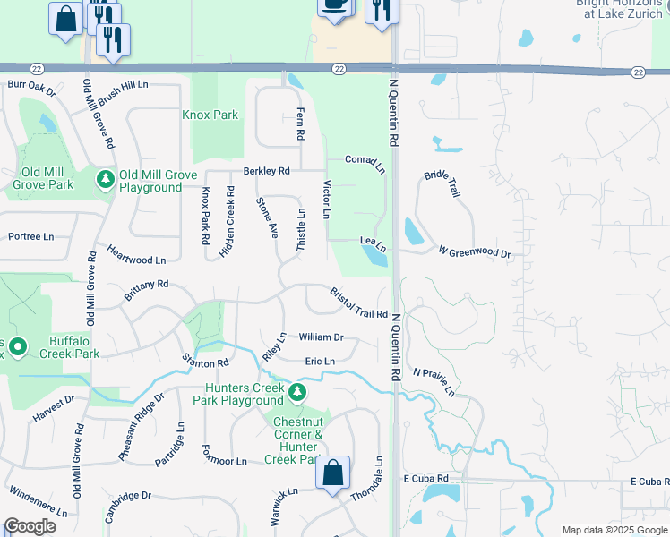 map of restaurants, bars, coffee shops, grocery stores, and more near 445 Victor Lane in Hawthorn Woods