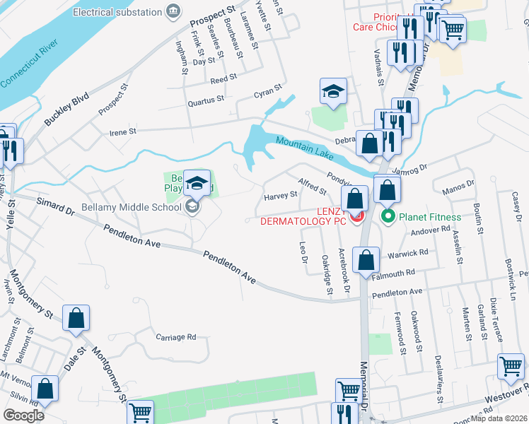 map of restaurants, bars, coffee shops, grocery stores, and more near 158 Mountainview Street in Chicopee