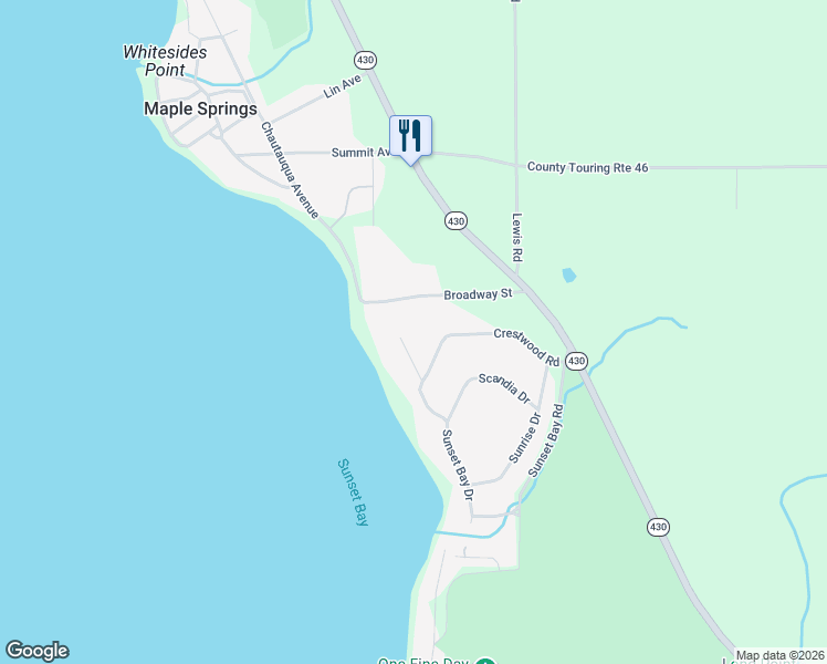 map of restaurants, bars, coffee shops, grocery stores, and more near 5464 Crestwood Road in Bemus Point