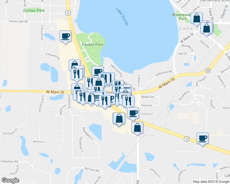map of restaurants, bars, coffee shops, grocery stores, and more near 564 West Main Street in Lake Zurich