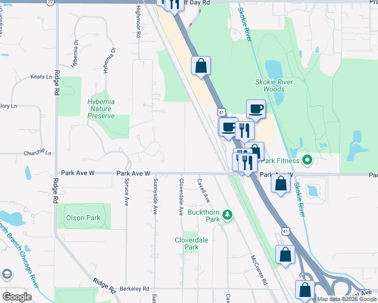 map of restaurants, bars, coffee shops, grocery stores, and more near 2075 Grange Road in Highland Park