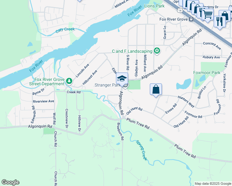 map of restaurants, bars, coffee shops, grocery stores, and more near 1004 Bloner Parkway in Fox River Grove