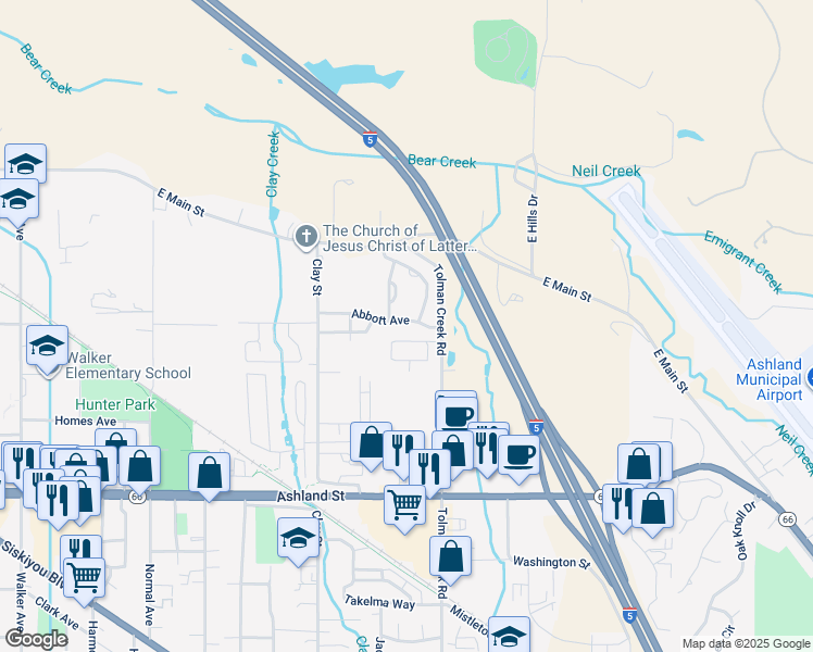 map of restaurants, bars, coffee shops, grocery stores, and more near 2364 Abbott Ave in Ashland