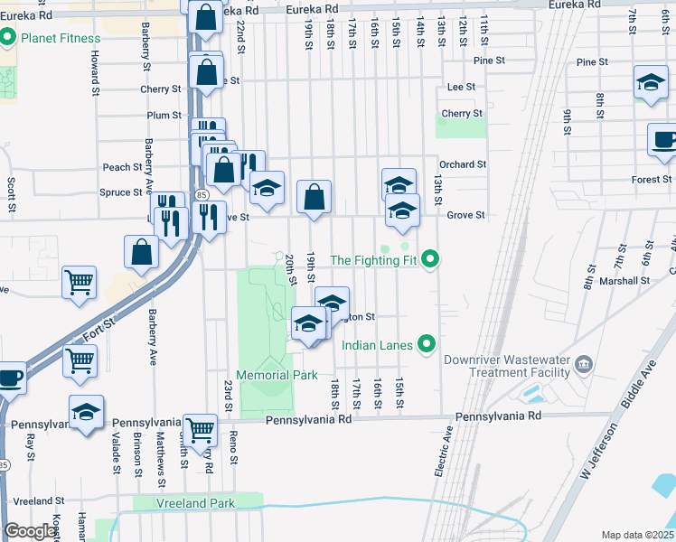 map of restaurants, bars, coffee shops, grocery stores, and more near in Wyandotte