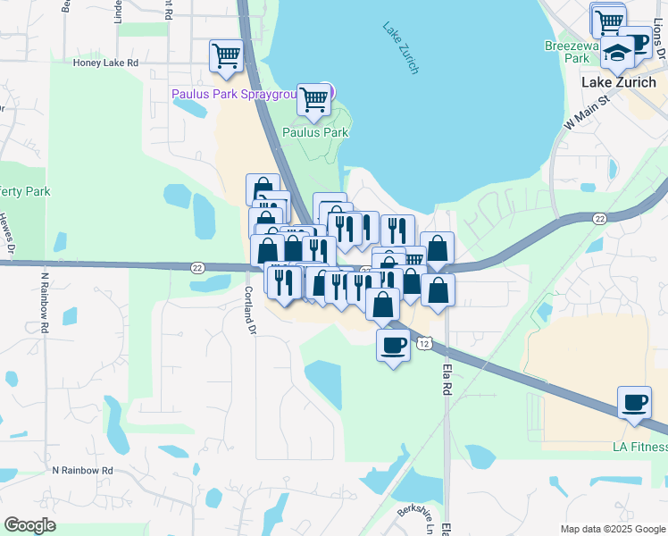 map of restaurants, bars, coffee shops, grocery stores, and more near West State Route 22 in Lake Zurich