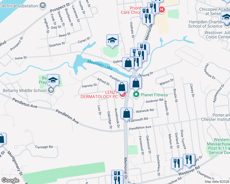 map of restaurants, bars, coffee shops, grocery stores, and more near 137 Acrebrook Drive in Chicopee