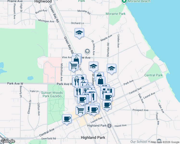 map of restaurants, bars, coffee shops, grocery stores, and more near 2066 Saint Johns Avenue in Highland Park
