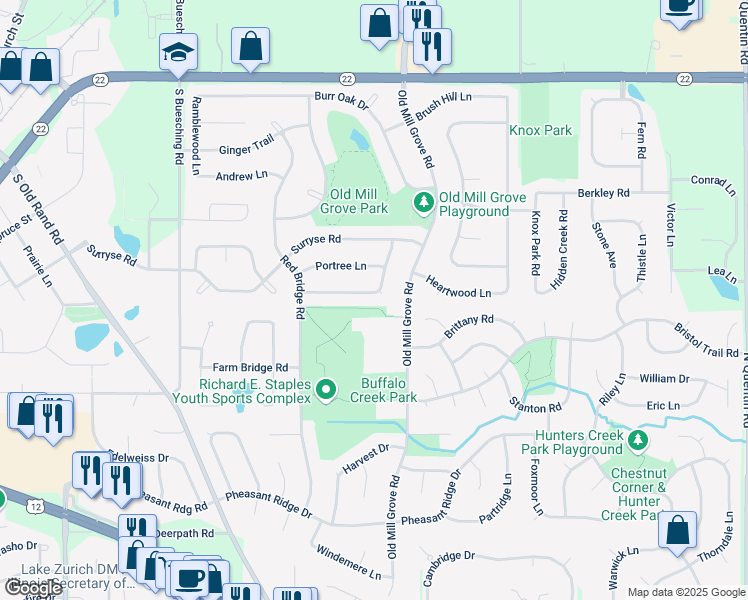 map of restaurants, bars, coffee shops, grocery stores, and more near 835 White Birch Lane in Lake Zurich