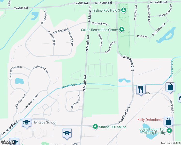 map of restaurants, bars, coffee shops, grocery stores, and more near 6675 North Maple Road in Saline