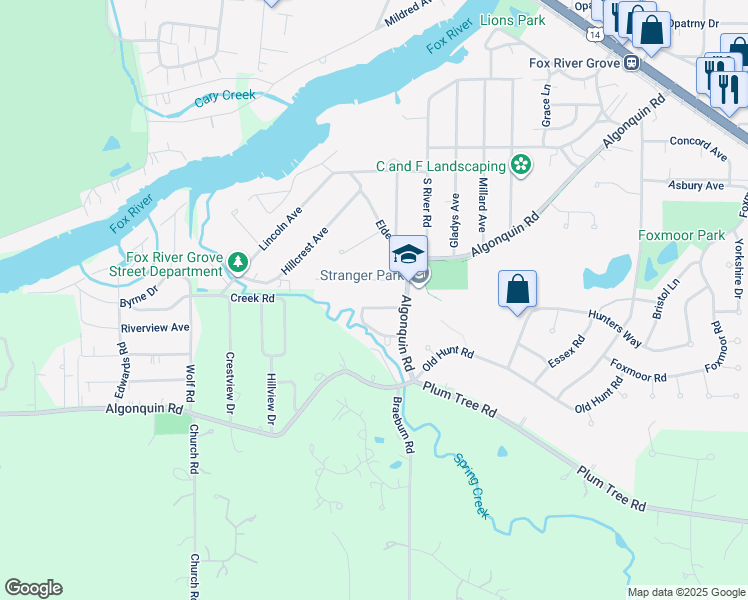 map of restaurants, bars, coffee shops, grocery stores, and more near 1004 Bloner Parkway in Fox River Grove