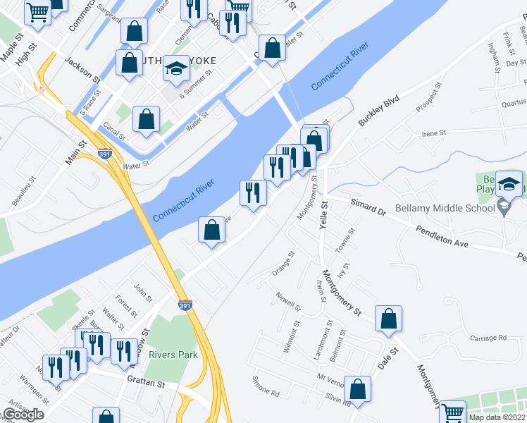 map of restaurants, bars, coffee shops, grocery stores, and more near 938 Chicopee St in Chicopee